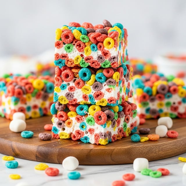 A stack of three colorful cereal treats is shown, each square-shaped and made of bright red, yellow, green, blue, orange, and purple cereal pieces mixed with white marshmallows that create a sticky texture holding them together. The cereal and marshmallow mixture forms thick layers with a slightly gooey, shiny surface. The stack is placed on a round wooden board with some cereal pieces and marshmallows scattered around it on a white marbled surface. The background is softly blurred with light tones. Photo taken with an iphone --ar 4:5 --v 7