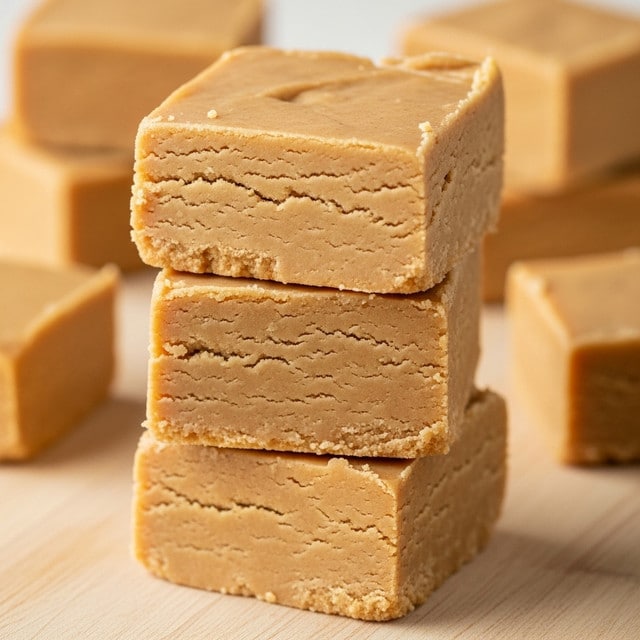The image shows three square pieces of light brown fudge stacked on top of each other. Each piece has a smooth but slightly crumbly texture with some small cracks and uneven edges, giving them a homemade look. The fudge has a creamy, matte surface and appears dense and soft. In the background, there are parts of more fudge pieces, all placed on a light wooden surface that contrasts gently with the fudge's color. The overall scene is bright and warm, with the focus sharply on the stacked fudge in the center. Photo taken with an iphone --ar 4:5 --v 7