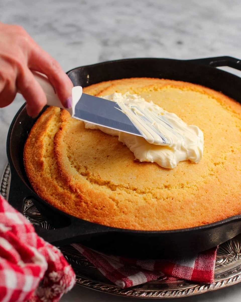 The image shows a round, golden-brown baked dish with a rough, crumbly texture on top, sitting inside a black cast iron skillet. The edges are slightly crisper and darker in color, creating a warm contrast with the lighter golden center. To the right of the skillet, there is a colorful cloth with blue, green, brown, and red patterns resting on a white marbled surface. photo taken with an iphone --ar 4:5 --v 7