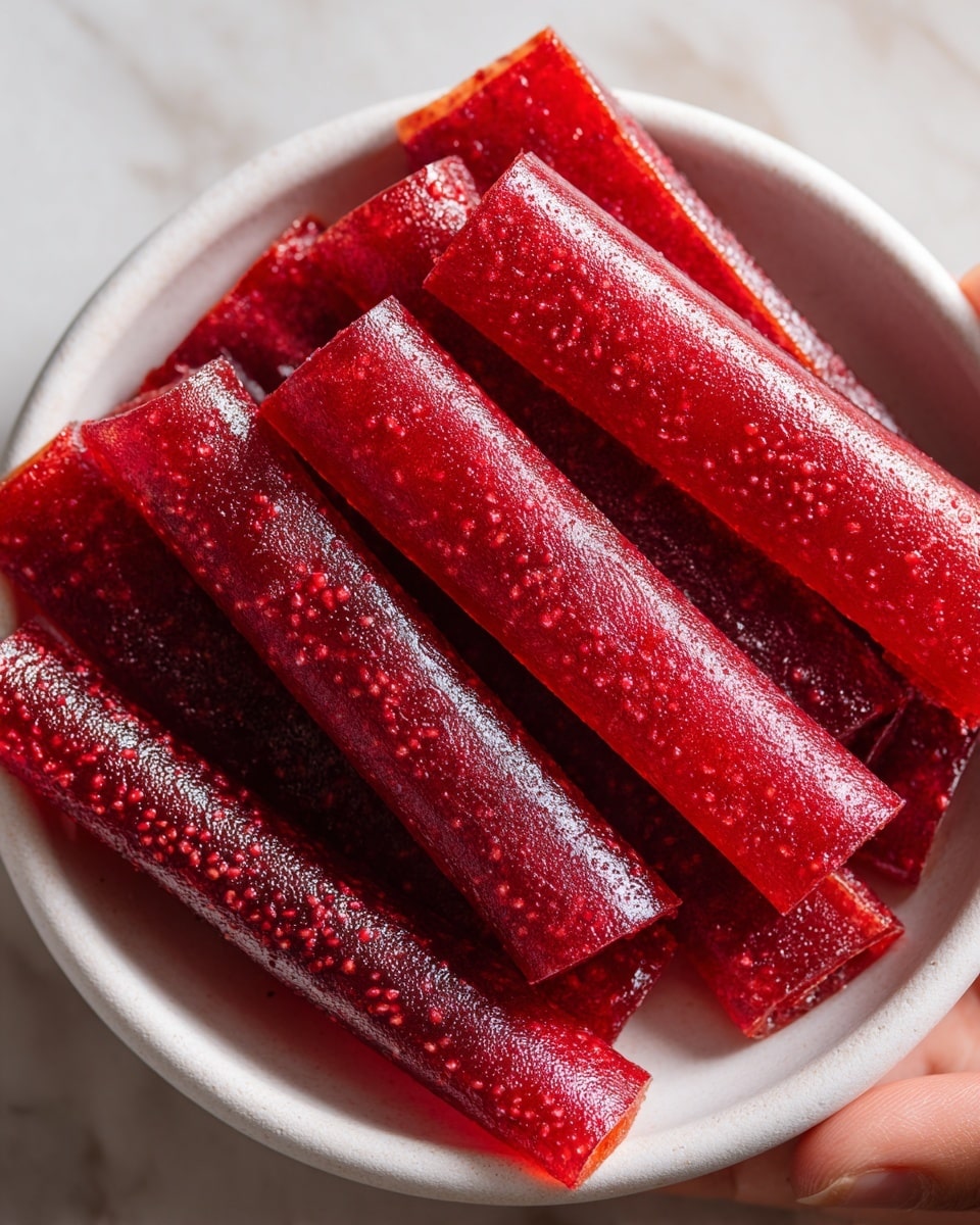 The image shows a close-up of a white round bowl filled with several rolled fruit leather strips. Each strip is a deep red color with a shiny, slightly translucent texture and small visible seeds spread evenly inside. The fruit leather rolls are stacked neatly and overlap each other, showing smooth surfaces and even thickness. The bowl is placed on a white marbled surface, creating a clean and bright background. photo taken with an iphone --ar 4:5 --v 7