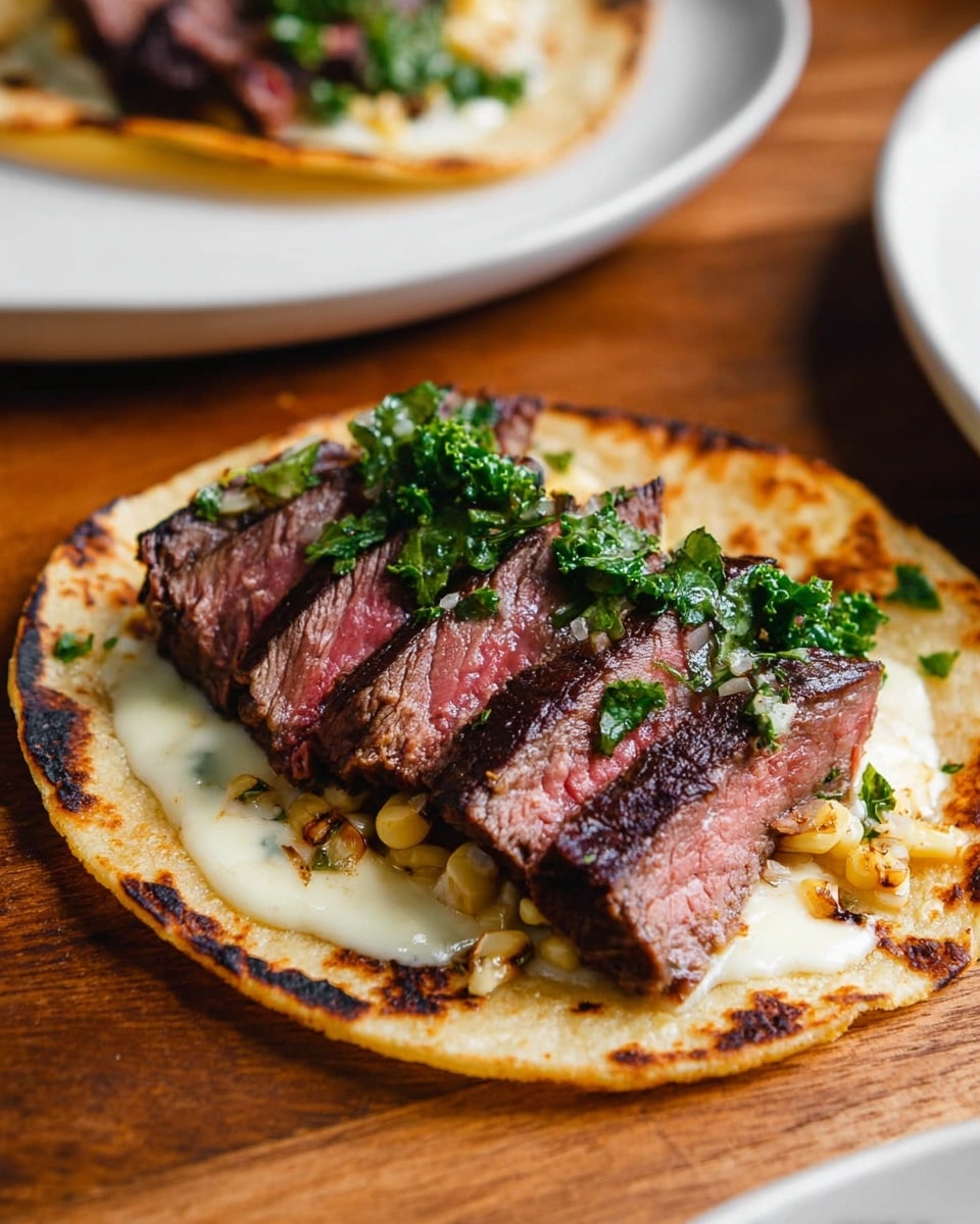 A soft corn tortilla forms the base, toasted to a warm golden color with light brown spots. On it is a layer of melted white cheese, smooth and slightly gooey, covering most of the tortilla. Next, there is a layer of charred yellow corn kernels scattered over the cheese, adding bright pops of color. At the center, several thick slices of medium-rare steak with a pink, juicy interior and a seared dark brown crust are stacked. Bright green chopped kale adds a fresh, rough texture on top of the steak, finishing the dish. The taco rests on a wooden surface with another similar white plate in the background. Photo taken with an iphone --ar 4:5 --v 7