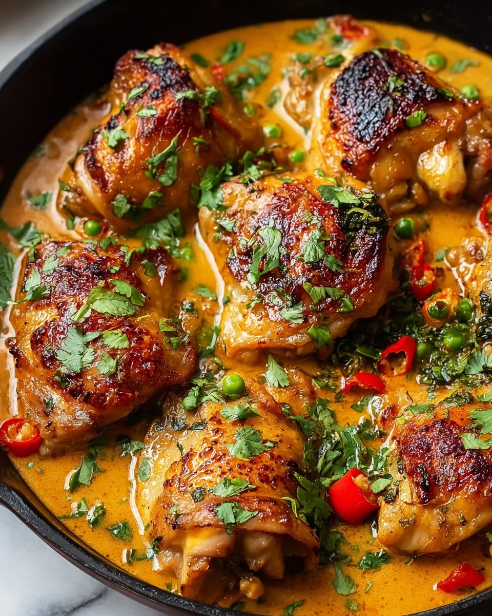 The image shows a skillet filled with several pieces of grilled chicken thighs with golden-brown, crispy skin. The chicken is covered in a rich, creamy orange sauce with small bits of green herbs and red chili peppers scattered throughout. Fresh green parsley leaves are sprinkled on top of the chicken pieces, adding a pop of color. The skillet has a textured black surface and sits on a white marbled surface. photo taken with an iphone --ar 4:5 --v 7