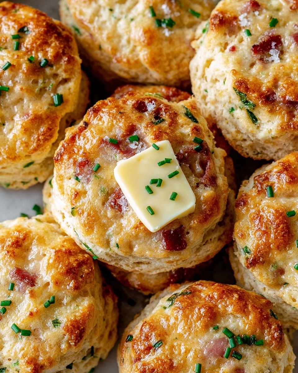 The image shows a close-up of several golden-brown biscuits arranged closely together, each biscuit having a rough, crispy top texture with bits of green chives and small pieces of bacon embedded inside. The biscuits look soft and crumbly with a light yellow interior visible on some edges. Two small sticks of melting butter sit on top of one biscuit, adding a glossy shine and creamy yellow contrast. Coarse sea salt flakes and freshly chopped green chives are scattered on the top surface, enhancing the texture and color brightness. The background is a white marbled texture. photo taken with an iphone --ar 4:5 --v 7
