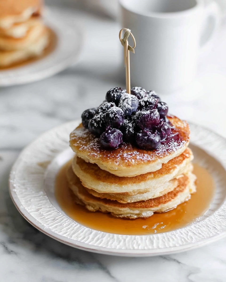 A stack of four golden brown pancakes sits in the center of a white plate with a subtle patterned edge, topped with a square pat of melting butter that is light yellow and creamy. A white pitcher above pours a thin stream of amber syrup, dripping down the sides of the pancakes and pooling lightly at the base. The background is softly blurred, showing another stack of pancakes on a white plate and white kitchen items, all set on a white marbled surface. In the foreground, part of a white cloth with a black checkered pattern and some dark blueberries add a touch of contrast. photo taken with an iphone --ar 4:5 --v 7