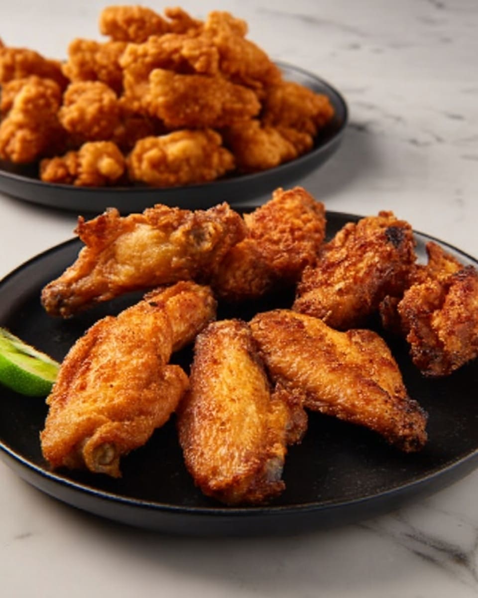 The image shows two white plates on a white marbled surface, one plate in the foreground and the other in the background. The front plate holds several pieces of golden-brown fried chicken wings with a crispy texture, warm and slightly oily looking. The back plate contains more fried chicken pieces, slightly blurred but similar in texture and color. A small piece of green vegetable is visible at the edge of the front plate, adding a touch of color contrast. The overall setting is simple and clean, focusing on the crunchy fried chicken pieces. photo taken with an iphone --ar 4:5 --v 7