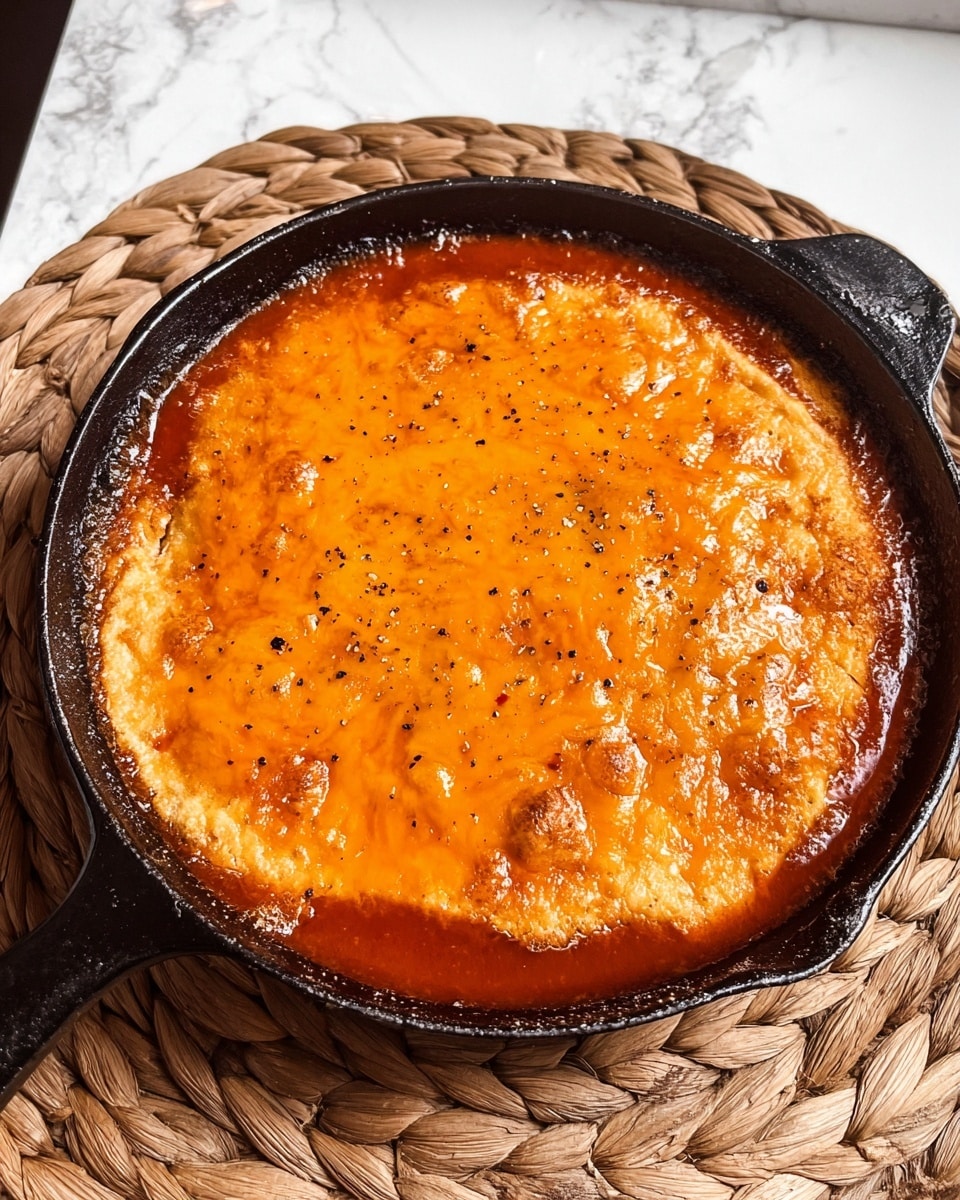 A close-up of a serving spoon held by a woman's hand with dark purple painted nails scooping out a layered dish from a black skillet. The dish has two visible layers: the top layer is golden brown with melted cheese that looks bubbly and slightly crispy, and the bottom layer is thick, reddish-brown ground meat mixed with sauce and bits of onion. The skillet sits on a woven, tan-colored mat atop a white marbled surface. In the background, there are blurry gray cabinets. photo taken with an iphone --ar 4:5 --v 7