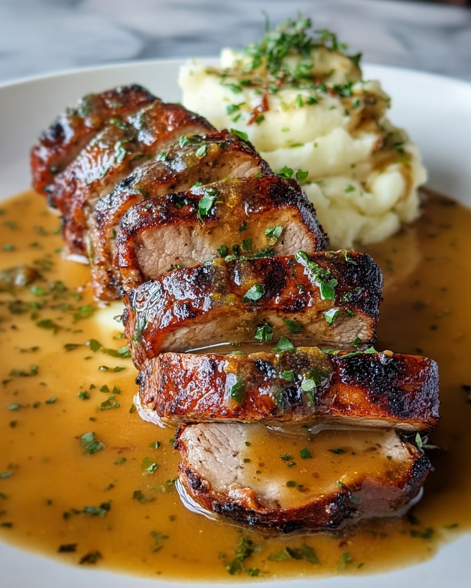 The image shows a white plate with a sliced grilled meatloaf arranged in a row. The meatloaf has a browned, slightly charred surface with visible herbs and spices, coated with a shiny, thick brown gravy. Behind the meatloaf, there is a serving of creamy mashed potatoes topped with chopped green herbs. The gravy pools around the meat and potatoes on the plate, with scattered green herbs adding contrast. The plate sits on a white marbled surface. photo taken with an iphone --ar 4:5 --v 7