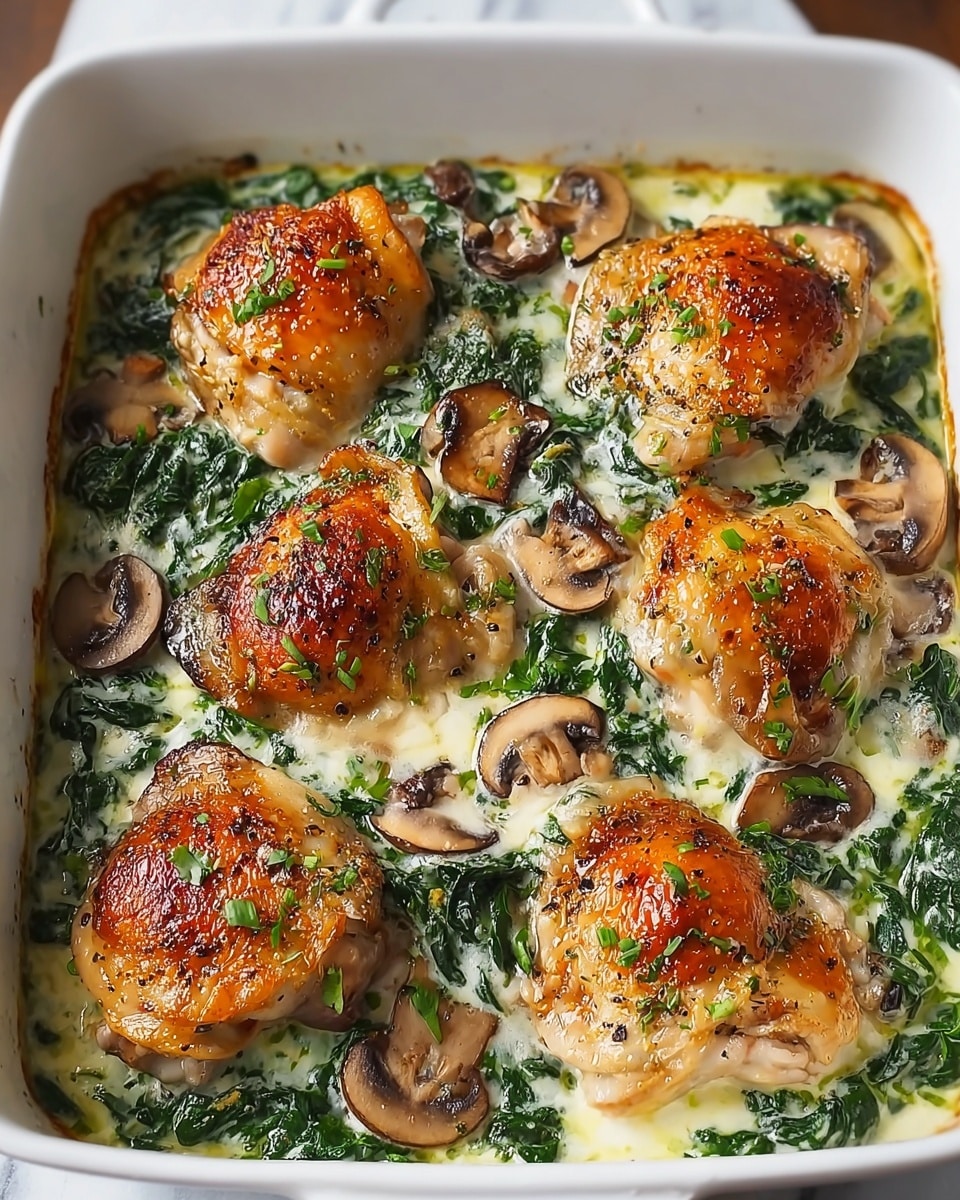 A white rectangular baking dish holds a baked chicken spinach mushroom meal with four browned, roasted chicken pieces placed evenly, each with a golden, crispy skin and herbs sprinkled on top. The base layer is creamy spinach with a soft, slightly wilted texture in a pale green color. Spread over and around the chicken are sliced brown mushrooms, varying sizes, some showing gills and glossy surfaces from cooking. The creamy sauce is visible under and between the spinach and mushrooms, giving a smooth white texture with a hint of melted cheese. The dish sits on a white marbled surface. photo taken with an iphone --ar 4:5 --v 7