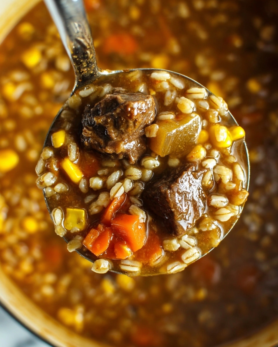 This image shows a rich, brown stew with a thick broth, filled with pieces of tender dark brown beef scattered throughout. There are visible layers of light tan barley grains, bright yellow corn kernels, orange carrot slices, and small bits of red tomato, all mixed into the stew. The stew's liquid looks glossy and slightly oily, covering the ingredients evenly in a black pot. The background is a white marbled texture. photo taken with an iphone --ar 4:5 --v 7