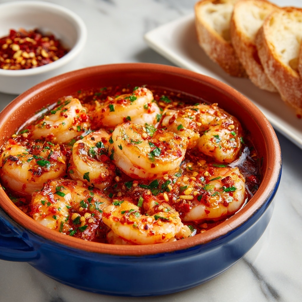 A bowl with three layers is filled with cooked shrimp in a red sauce, garnished with chopped green herbs and pieces of garlic on top. The shrimp are orange and white, the sauce is bright red, and the herbs scattered on them are green. The bowl is white with a dark blue rim and sits on a white marbled surface. To the side, there are two pieces of toasted bread with a light brown color, and in the upper left corner, there is a smaller white bowl filled with crushed red chili flakes. Photo taken with an iphone --ar 4:5 --v 7