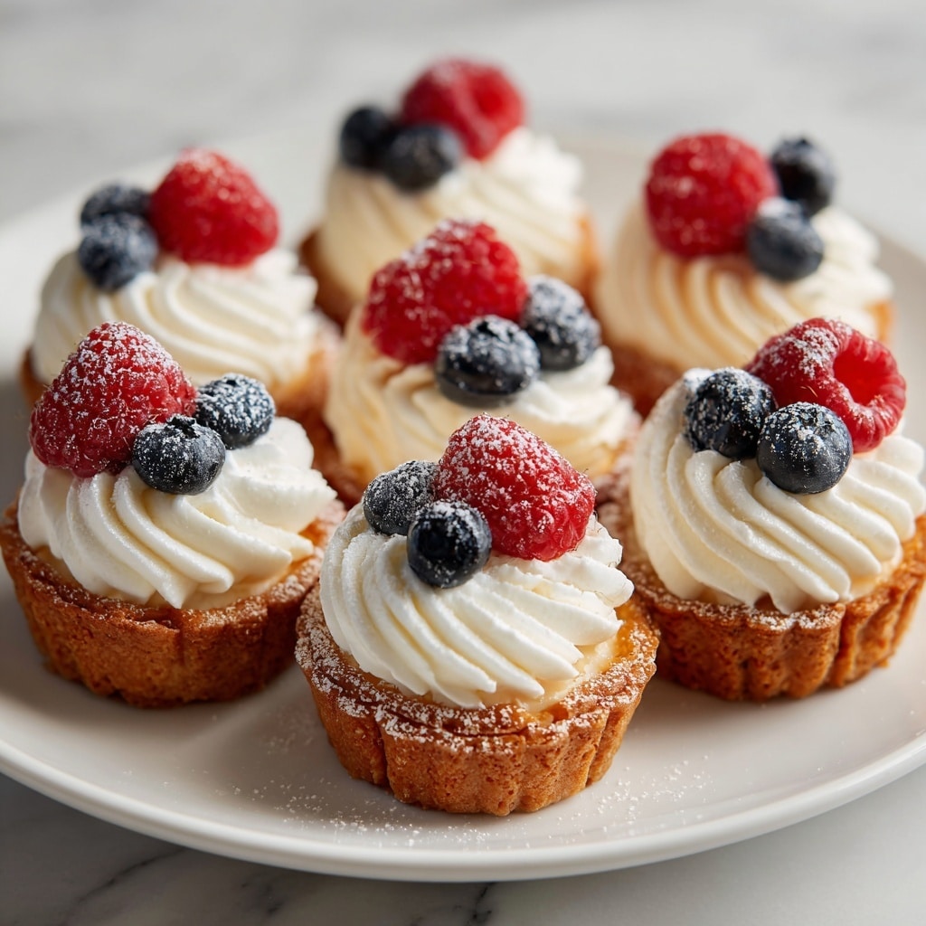 A white round plate holds nine small tartlets arranged in a circular pattern. Each tartlet has a golden brown crust as the base layer, topped with a thick swirl of white cream in the middle layer, with a piped texture. On top, each tartlet is garnished with one red raspberry and two dark blue blueberries, all dusted lightly with white powdered sugar. The plate is set on a white marbled surface. Photo taken with an iphone --ar 4:5 --v 7