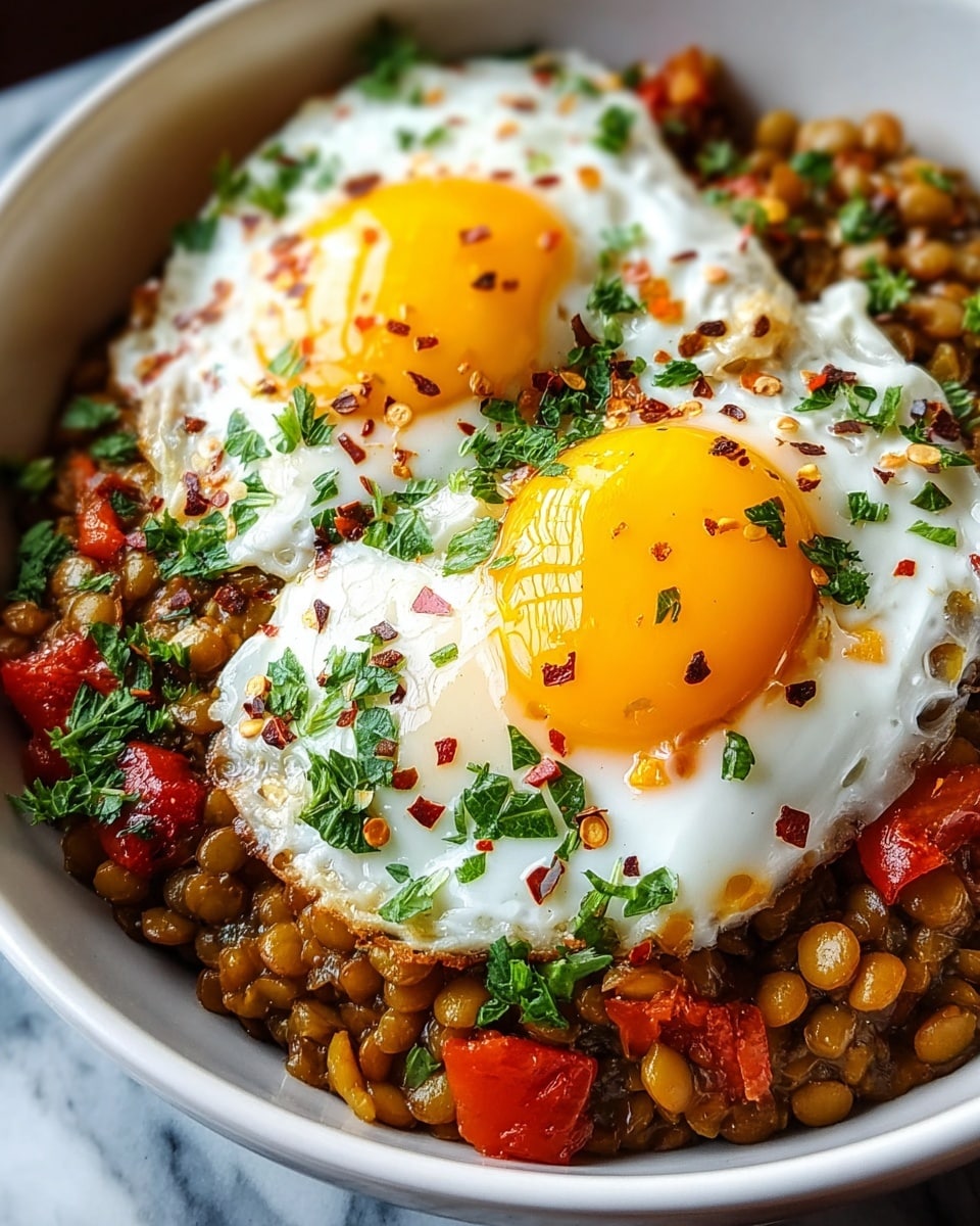 The dish shows two bright yellow sunny-side-up eggs with slightly crispy white edges, placed side by side on a thick bed of cooked lentils mixed with diced red peppers. The lentils look soft and brownish-orange, with some shine from oil or sauce. The eggs are sprinkled evenly with green chopped herbs and some red chili flakes for color contrast. Everything is served in a deep white bowl, set on a white marbled textured surface. photo taken with an iphone --ar 4:5 --v 7