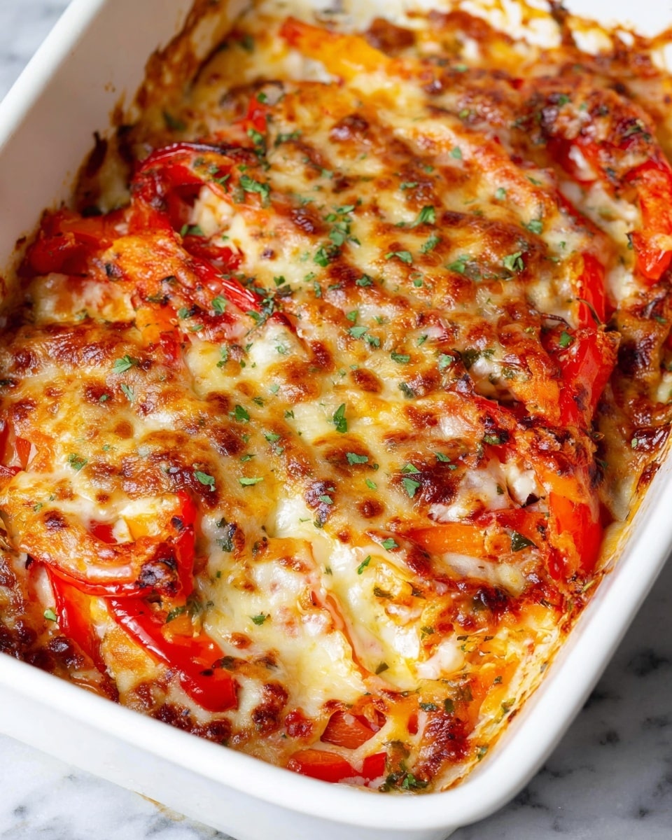 A close-up of a silver spoon lifting a layered mix of melted cheese, bright red bell pepper strips, and light golden cooked onions from a white plate, showing rich texture with stretchy, gooey yellow and white cheese that is slightly browned at the edges and sprinkled with small green herbs. The layers include the cooked onion at the bottom, soft red pepper slices in the middle, and bubbly melted cheese draped on top. The background shows more of the cheesy, colorful mix in the plate, resting on a white marbled surface. photo taken with an iphone --ar 4:5 --v 7