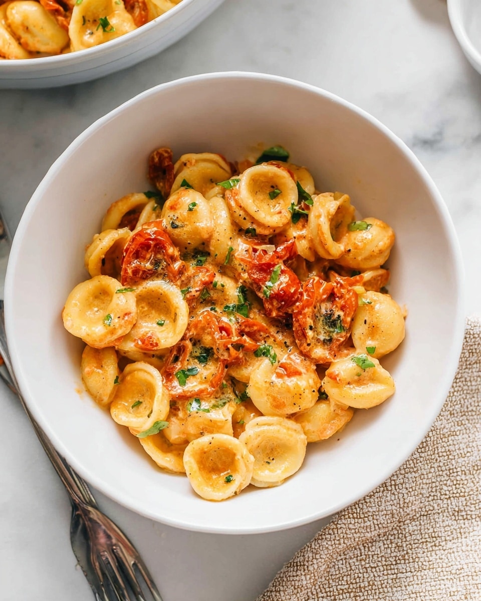 The dish shows a white baking dish filled with orecchiette pasta coated in a creamy orange sauce, with visible pieces of cooked red tomatoes mixed throughout. The pasta is garnished with small bits of chopped green herbs, scattered evenly on top. The sauce looks rich and slightly thick, clinging to each piece of pasta. A silver spoon is placed inside the dish, resting on the lower left corner. The dish sits on a white marbled surface. photo taken with an iphone --ar 4:5 --v 7