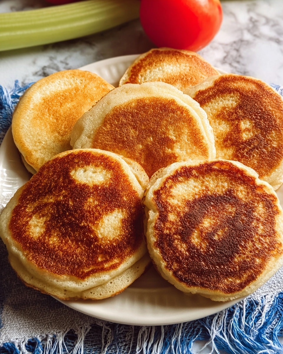 Six thick, round pancakes are arranged closely on a white plate, showing a golden-brown top layer with a slightly darker, crisp edge. The pancakes have a textured, fluffy surface with small bubbles and light uneven browning patterns. The plate sits on a blue and white fringed cloth, placed on a white marbled texture. A red tomato and a green celery stalk are partly visible in the background. photo taken with an iphone --ar 4:5 --v 7