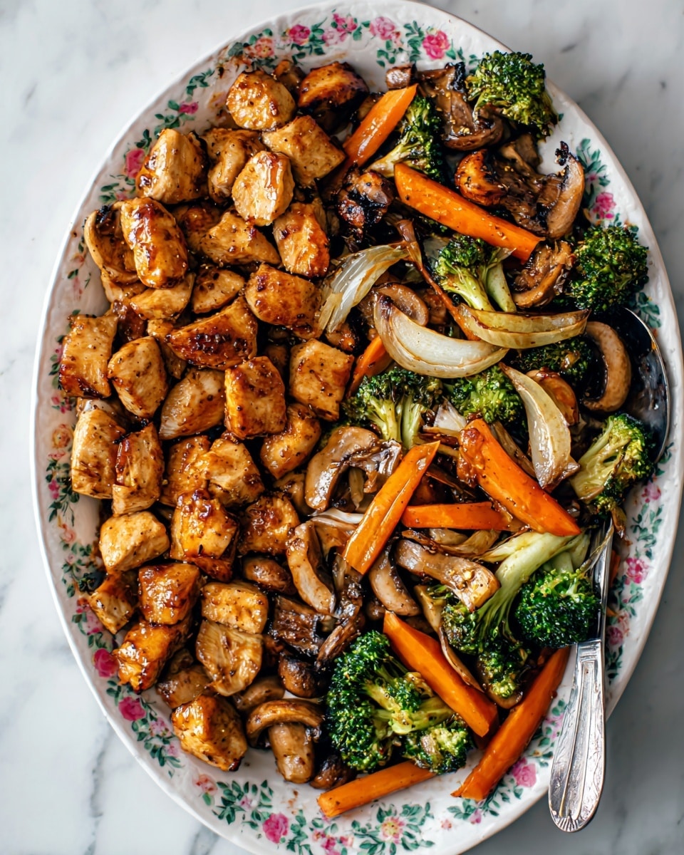 This image shows a dish with two main sections on a white plate with a colorful floral pattern near the edges, placed on a white marbled texture. The lower half is filled with many small, golden brown grilled chicken pieces with a slightly crispy texture and some darker char marks. The upper half has a mix of stir-fried vegetables including bright green broccoli florets, orange carrot sticks with charred lines, sautéed white onion slices, and brown mushrooms with a soft, cooked look. The vegetables have a slightly shiny surface from cooking oil and are arranged closely together, covering the top right side of the plate mostly. Photo taken with an iphone --ar 4:5 --v 7