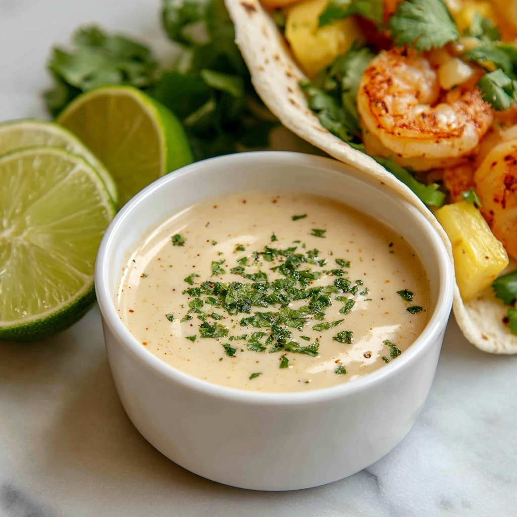 A close-up view of a clear round bowl filled with a creamy, light orange sauce speckled with green herbs, sitting on a white marbled surface. Above the bowl, there are three soft tortillas standing upright in a white taco holder, each layered with green lettuce at the base, topped with grilled white fish pieces with a light brown charred crust, and one taco also includes small yellow pineapple chunks. The sauce bowl is placed in front of the tacos, making the textures of the creamy sauce and the grilled fish visible. Photo taken with an iphone --ar 4:5 --v 7