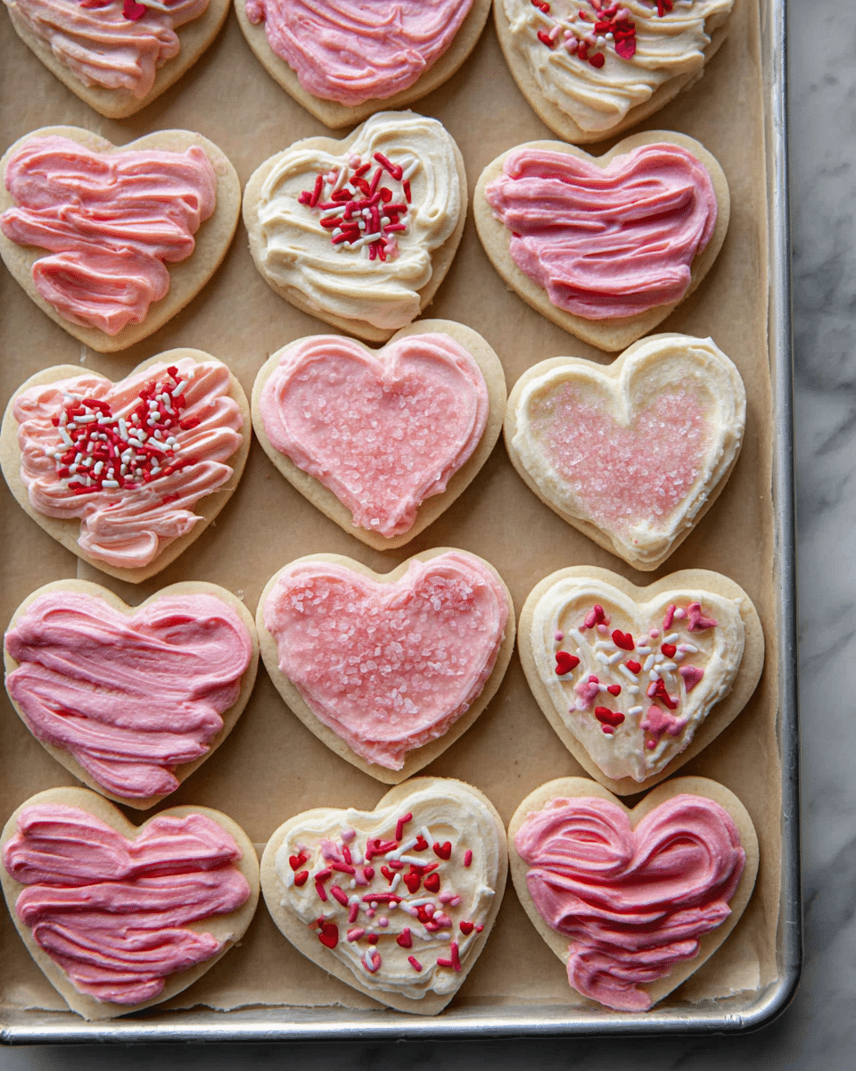 The image shows a collection of heart-shaped sugar cookies decorated with two layers of frosting in soft pink and white colors. Each cookie has a base layer of smooth frosting applied evenly, either in pink or white, followed by a second layer of frosting piped in parallel or curved lines, creating texture and dimension. Some cookies have both colors layered side by side, while others have one color as the main layer and the other as decorative lines on top. Small round and rod-shaped pink and red sprinkles are scattered over the frosting for a playful touch. The cookies are placed on a white marbled surface. Photo taken with an iphone --ar 4:5 --v 7
