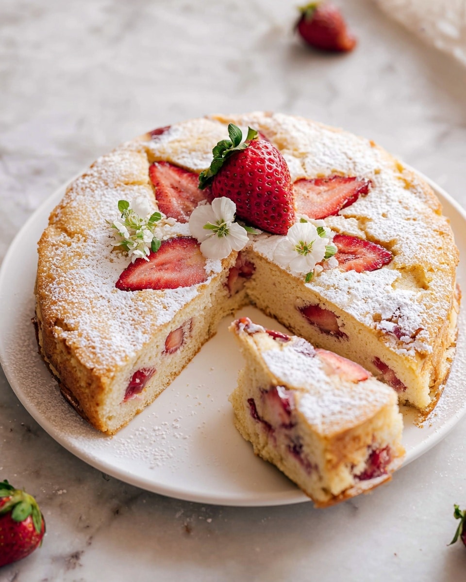 A round, sliced cake on a white plate features a golden-brown crust with a light dusting of powdered sugar on top. There are visible layers of soft cake with embedded slices of red strawberries throughout. One slice is removed, showing the light, fluffy inside with juicy strawberry pieces. The top of the cake is decorated with a halved strawberry and small white flowers. The plate is set against a white marbled surface with soft natural light. photo taken with an iphone --ar 4:5 --v 7