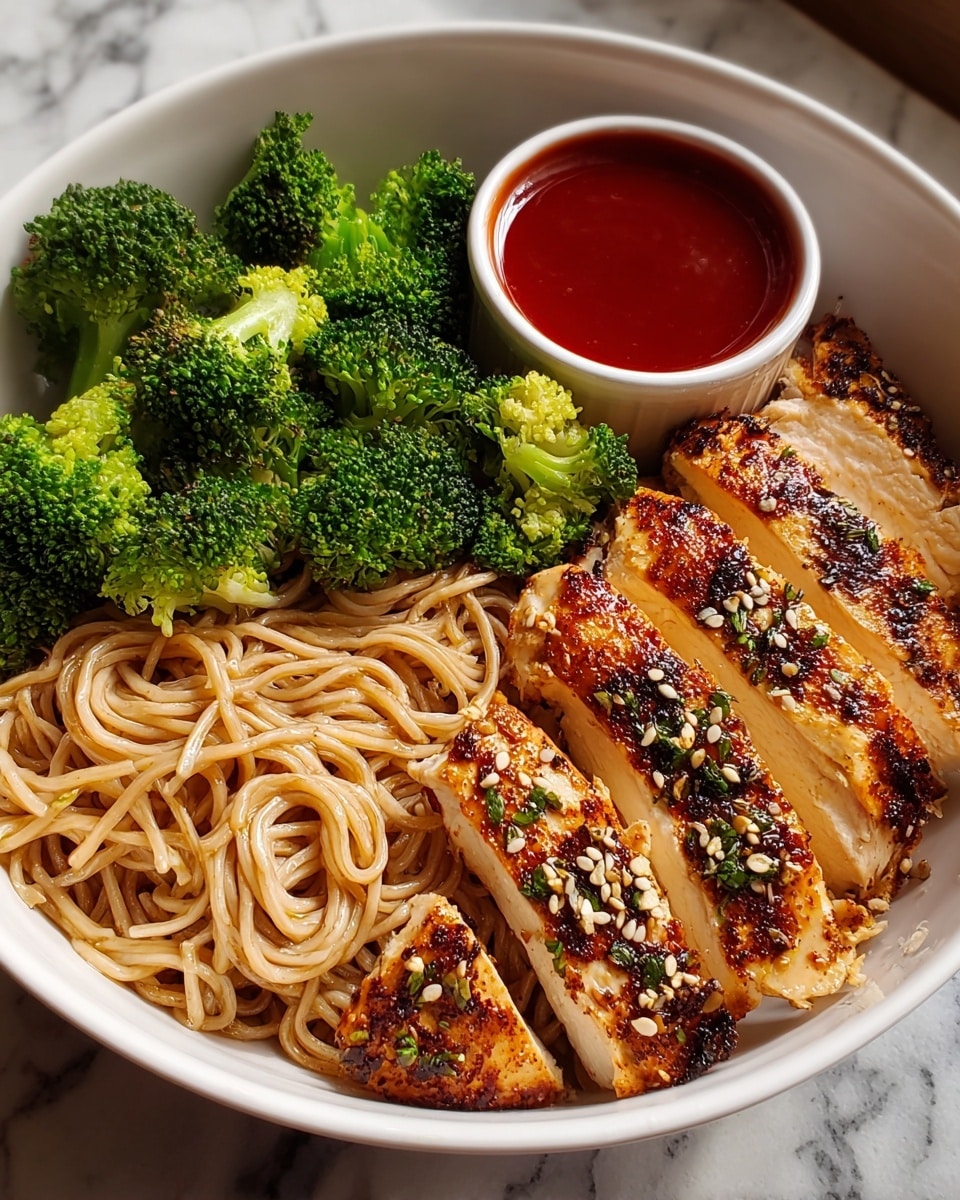 A white bowl filled with four main layers: at the bottom left, a pile of thin, light brown noodles with a slightly shiny texture; next to it, bright green broccoli florets with a rough, bumpy surface; at the top right, a small white cup holding a smooth, deep red sauce; and covering the right side, thick slices of grilled chicken breast with a golden brown, slightly charred crust sprinkled with small herbs and seeds. The dish sits on a white marbled texture. Photo taken with an iphone --ar 4:5 --v 7