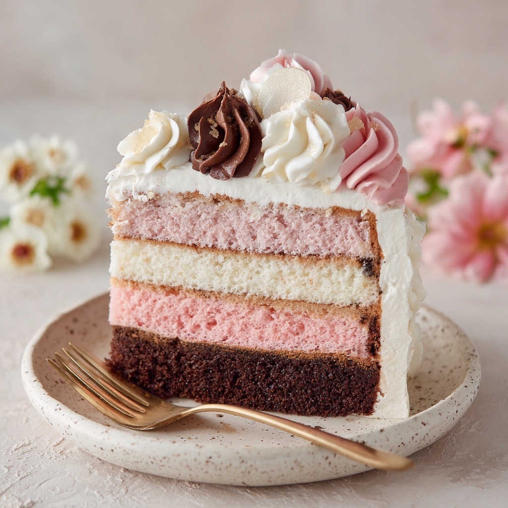 A slice of layered cake with four distinct layers sits on a white plate with tiny brown speckles and is placed on a white marbled surface. From bottom to top, the layers are dark brown, light pink, white, and light pink again, each separated by thin layers of white cream. The top layer is covered with white frosting and decorated with swirls of pink, white, and dark brown cream, arranged mostly around the edges. A rose gold fork rests on the plate beside the cake slice. Photo taken with an iphone --ar 4:5 --v 7