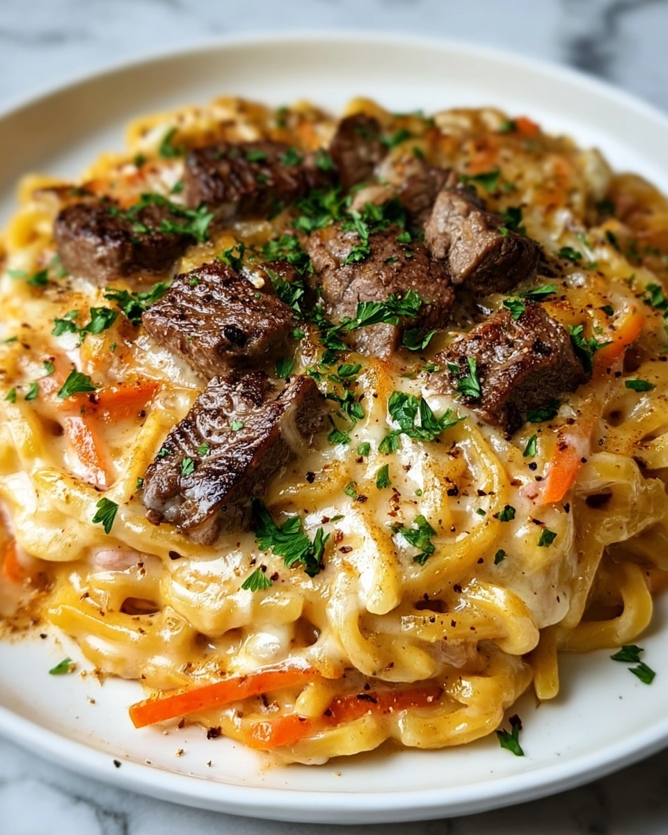 A white plate holds creamy fettuccine pasta as the base layer, mixed with bright orange carrot strips and small red pepper pieces, all coated in a smooth, light cream sauce. On top, there are several pieces of browned steak with a juicy, tender texture, covered with melted cheese that is slightly browned in spots, creating a glossy, rich topping. Fresh green chopped parsley is sprinkled all over the dish, and a light dusting of cracked black pepper adds contrast to the creamy colors. The background is a white marbled surface. Photo taken with an iphone --ar 4:5 --v 7