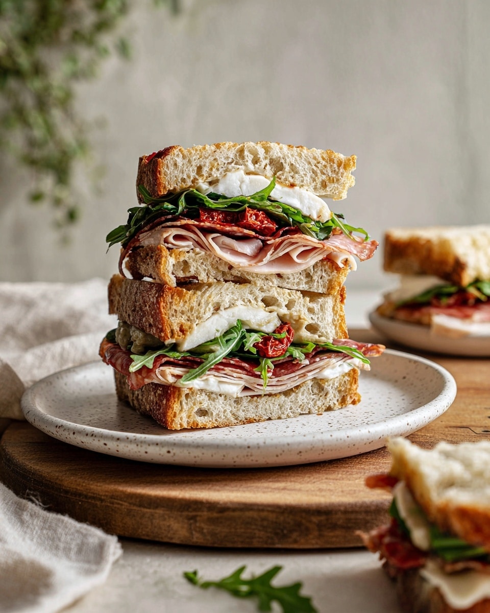 The image shows a tall sandwich stacked in three thick layers of soft, airy bread with a golden crust. Between the bottom and middle bread layers, there are thin slices of pale turkey, fresh green arugula, and thick white slices of cheese. Between the middle and top bread layers, there is bright green arugula, folded thin slices of reddish cured meat, and round white cheese slices, topped with a small slice of red sun-dried tomato. The sandwich sits on a white speckled plate, which is placed on a wooden board over a white marbled surface. To the right, a smaller sandwich section with similar ingredients is visible. A blurred light cloth and some greenery are in the background. Photo taken with an iphone --ar 4:5 --v 7