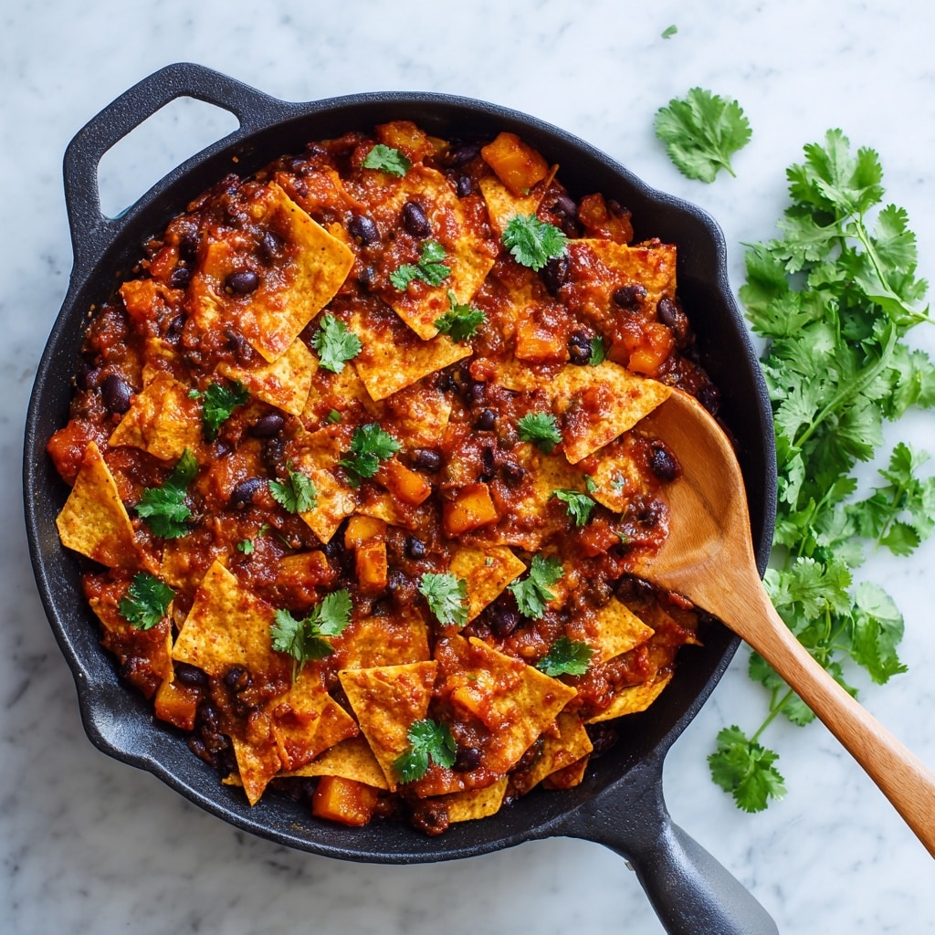 The image shows a black cast iron skillet filled with a cooked dish made of broken tortilla chips layered with chunks of orange sweet potato and whole black beans all mixed in a rich reddish-brown sauce. The tortilla chips are mostly triangular and slightly crispy, scattered evenly throughout the dish. The sauce coats the chips and vegetables, giving a glossy look, while the sweet potatoes add soft texture with their bright orange color. Small sections of fresh green cilantro lay nearby on the white marbled surface, and a wooden spoon is partially visible inside the skillet. photo taken with an iphone --ar 4:5 --v 7