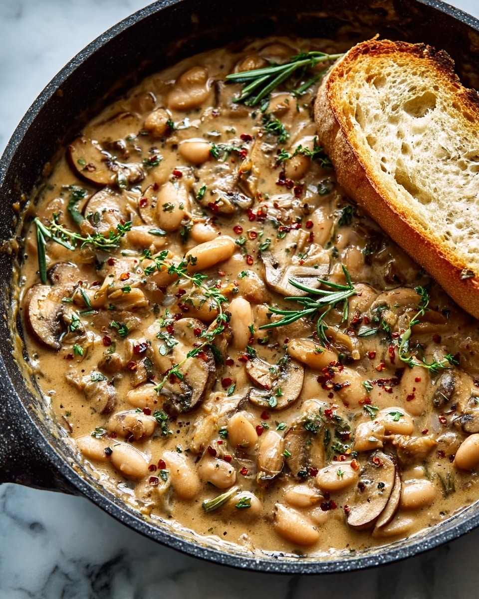 A close-up of a creamy dish in a black pan filled with three main layers: a beige colored thick sauce at the base, plenty of light brown to tan white beans spread evenly throughout, and soft cooked mushroom slices with a darker brown edge scattered on top. Bright green chopped herbs are sprinkled all over adding color contrast, with a small pile of sun-dried tomatoes centrally placed for a vibrant red accent. The pan sits on a white marbled surface, and two pieces of toasted bread are placed near the pan's edge. Photo taken with an iphone --ar 4:5 --v 7