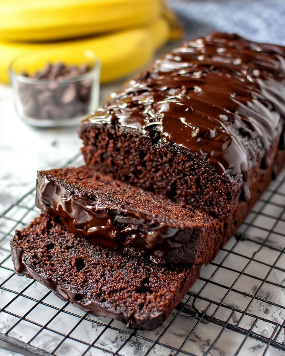 A dark brown chocolate loaf cake sits on a wire cooling rack over a white marbled texture. Two thick slices are cut from the loaf, showing a moist, textured inside with small bubbles and chocolate crumbs. The top and sides of the cake are covered with a shiny, rich dark chocolate glaze that drips slightly over the edges. The glaze on the top is spread in smooth, thick layers with visible swirls and lines. In the background, blurred details show two yellow bananas and a small clear container filled with chocolate chips. photo taken with an iphone --ar 4:5 --v 7
