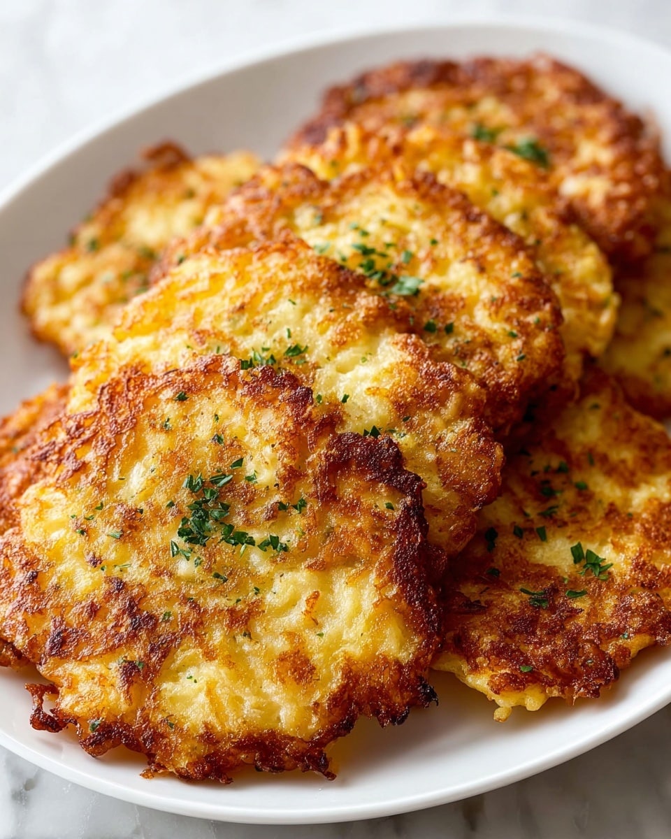 A close-up image of a golden-brown, crispy potato pancake held delicately between a woman's thumb and forefinger, showing a rough, crunchy texture with small green herb bits scattered on top. The pancake's surface displays a mix of light and darker brown fried patches with a slightly uneven, homemade shape. In the blurred background, more pancakes are stacked, maintaining the same crispy texture and warm tones. The entire scene is set against a white marbled texture. photo taken with an iphone --ar 4:5 --v 7