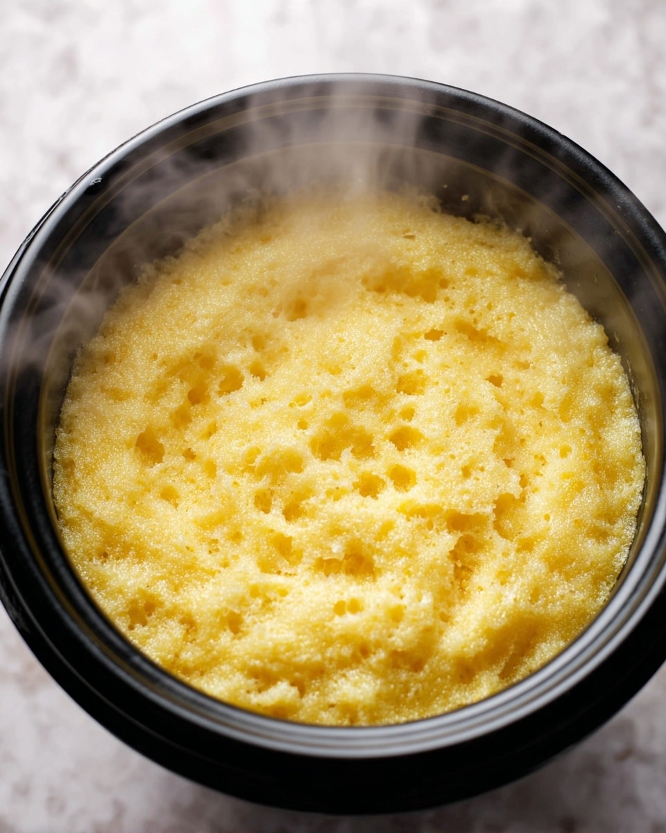 The image shows a close-up of a yellow, fluffy, spongy food with many small holes on its surface, steaming hot in a black round pot. The texture looks soft and moist with a slightly shiny top, and the steam rises gently from it, making it look fresh and warm. The pot edges are smooth and thick, holding the food tightly, and the background has a white marbled texture. photo taken with an iphone --ar 4:5 --v 7