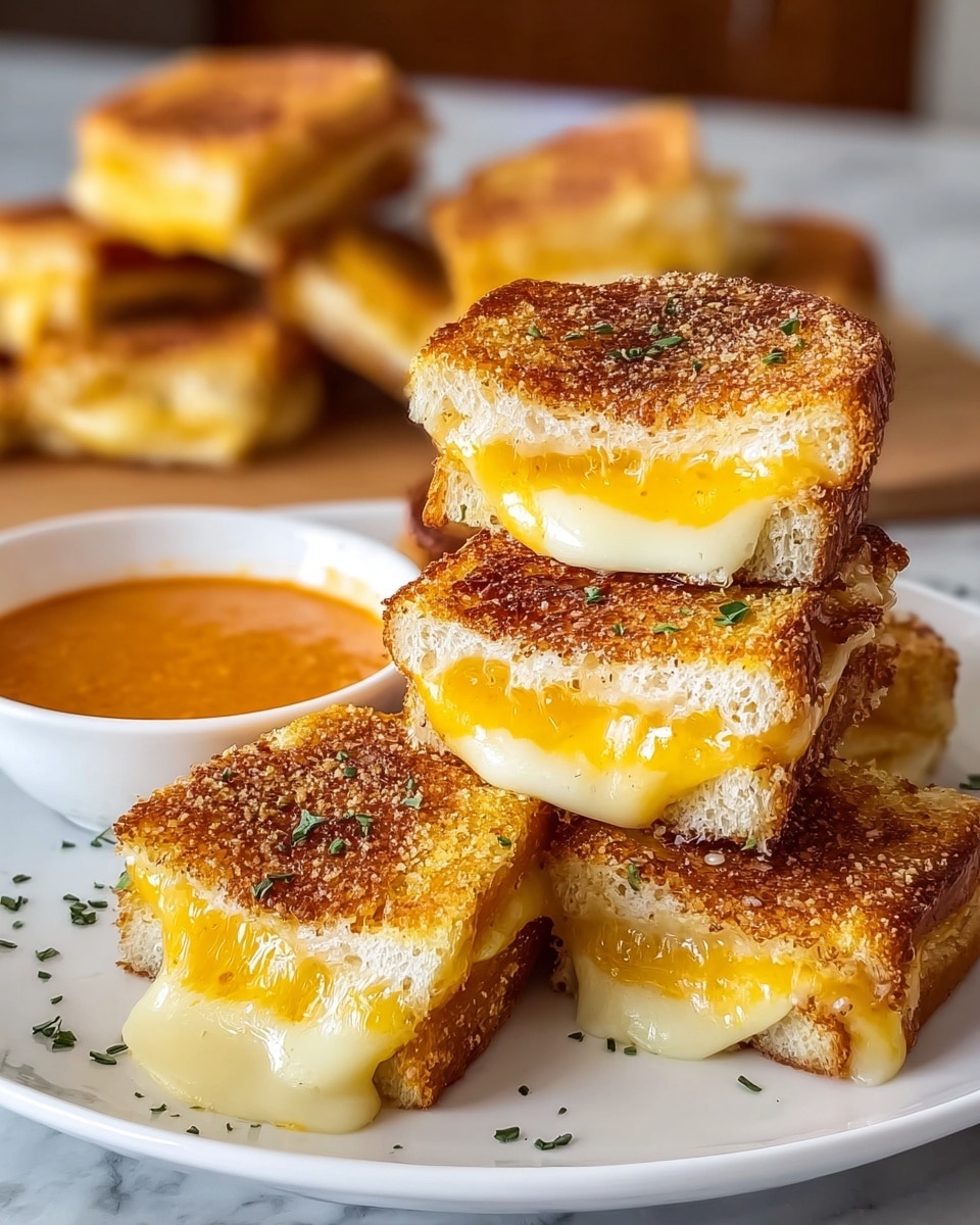 A white plate sits on a white marbled surface, filled with small grilled cheese sandwich bites arranged in a pile. Each sandwich has two golden brown toasted bread layers, slightly crispy and sprinkled with herbs on top. Between the bread layers, there are two types of melted cheese, white and yellow, oozing out thickly. In the background, a small white ramekin with orange dipping sauce is visible. The sandwiches shine with a delicious melted texture that looks soft inside and crunchy outside. photo taken with an iphone --ar 4:5 --v 7