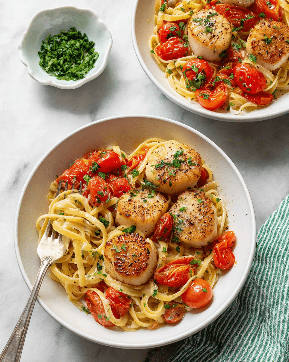 Two white bowls sit on a white marbled surface, each filled with a pasta dish featuring three layers: the bottom layer is light golden linguine pasta, the middle layer shows bright red cherry tomato halves scattered throughout, and the top layer has six golden-browned seared scallops per bowl, sprinkled with finely chopped green herbs and black pepper. A small white bowl of finely chopped green herbs is near the bowls, and a silver fork rests inside the left bowl. A green and white striped cloth is partially visible under the left bowl. Photo taken with an iphone --ar 4:5 --v 7