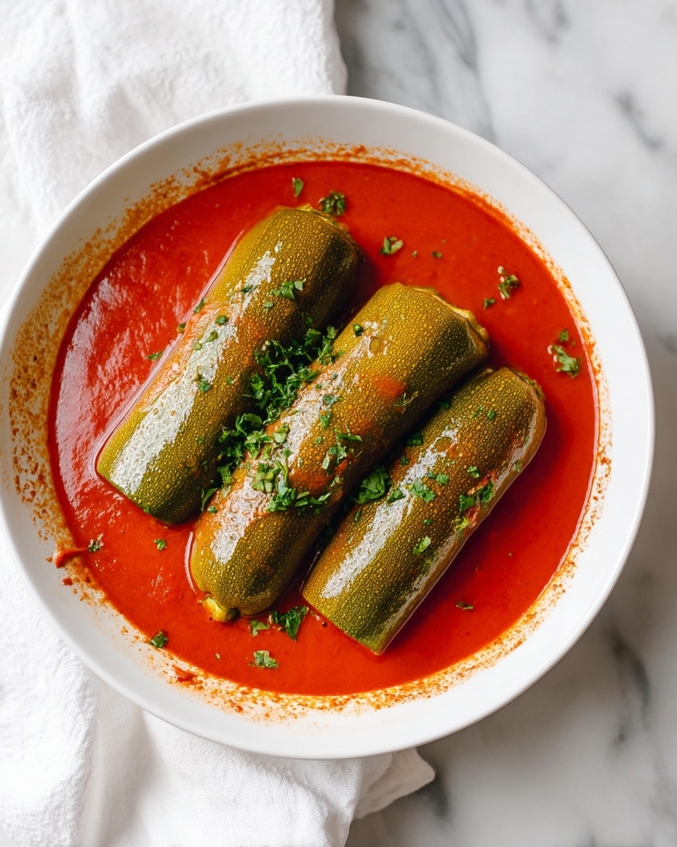 The image shows a white bowl filled with three stuffed green zucchinis placed side by side, each zucchini has a glossy texture and is sprinkled with small bits of fresh green herbs. The zucchinis are partially submerged in a thick, smooth red tomato sauce that fills the bowl, with some sauce splashes visible along the inner edge of the bowl. The bowl is on a white marbled surface with a white cloth partially underneath it. photo taken with an iphone --ar 4:5 --v 7