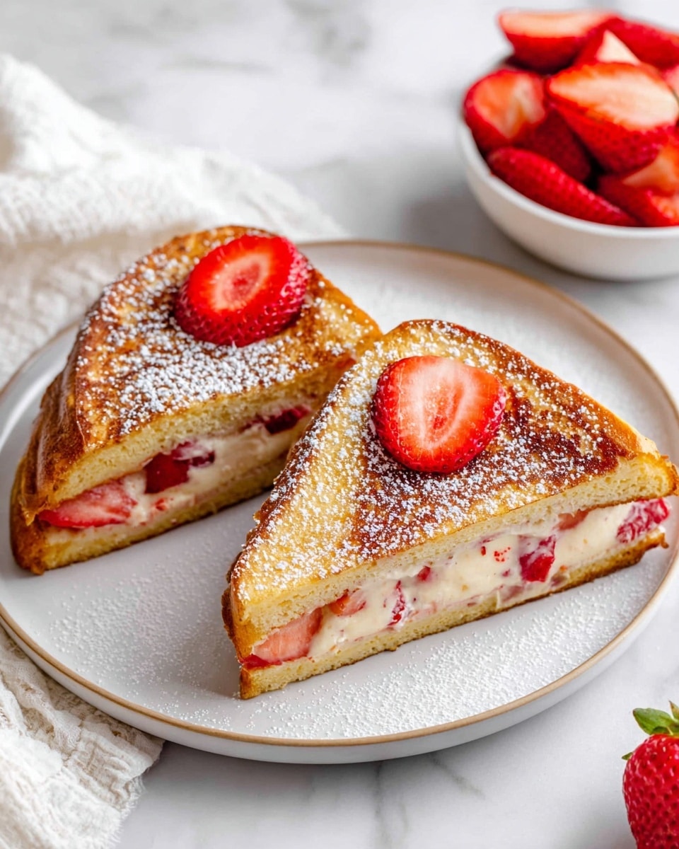 Two triangular pieces of golden brown stuffed French toast are placed on a white plate with a slightly raised rim. The top piece is angled to show the inside, revealing a creamy white filling dotted with bits of red strawberries. The toast is dusted with powdered sugar, and bright red strawberry slices are scattered on top of both pieces, adding a fresh contrast. In the background, a white bowl filled with more sliced strawberries is partially visible. The scene is set on a white marbled surface with a soft white cloth nearby. Photo taken with an iphone --ar 4:5 --v 7