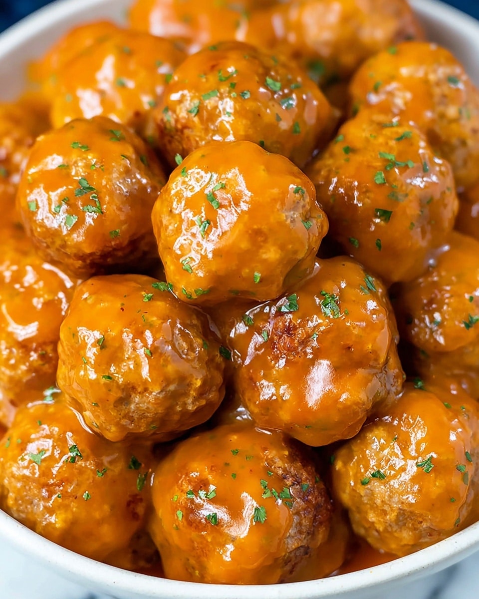 A close-up view of many round meatballs covered in a thick, shiny orange sauce with small green herb bits sprinkled on top; the meatballs have a browned texture showing through the sauce in places, and they are piled in a white bowl with a smooth edge, all placed on a white marbled surface. photo taken with an iphone --ar 4:5 --v 7