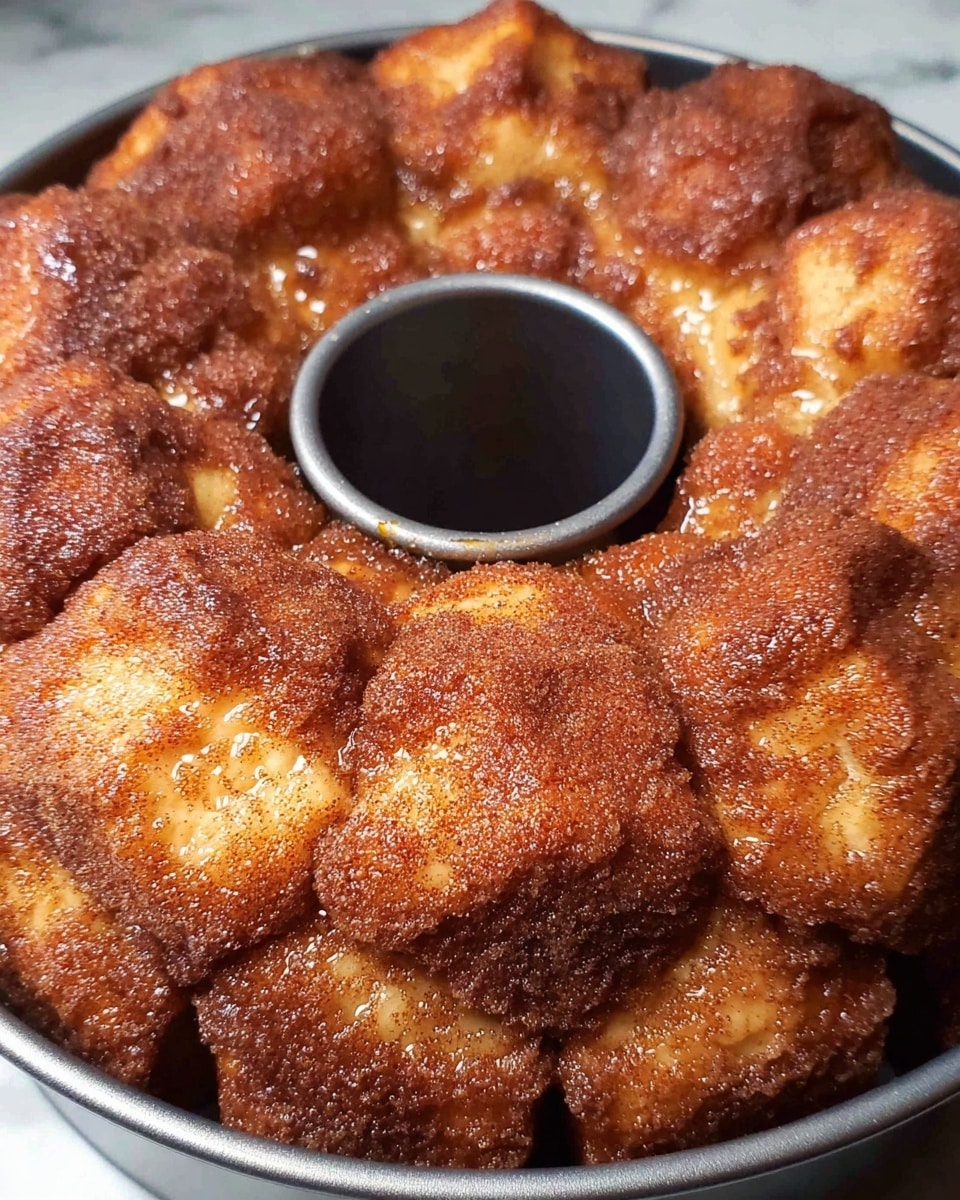 A close-up view of a freshly baked monkey bread inside a metal bundt pan, showing a thick layer of golden brown dough pieces covered in a dark cinnamon sugar coating, with some shiny melted butter glistening between the clusters, the dough pieces are irregularly shaped and tightly packed around the central tube of the pan, all sitting on a white marbled surface. photo taken with an iphone --ar 4:5 --v 7
