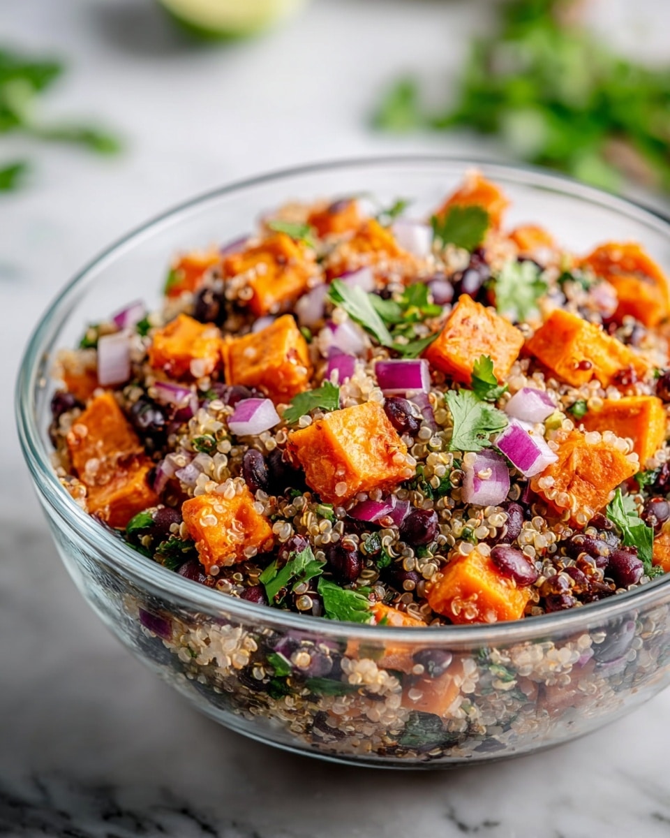 A clear glass bowl filled with a colorful quinoa salad, showing three main layers: the base layer of tiny, light beige quinoa seeds mixed with small black beans, the middle layer of bright orange roasted sweet potato cubes, and the top layer of scattered chopped red onions and fresh green cilantro leaves. The textures vary from soft quinoa to slightly crispy sweet potato cubes, with the onions adding a fresh crunch. The bowl sits on a white marbled surface with some blurred green herbs in the background. photo taken with an iphone --ar 4:5 --v 7