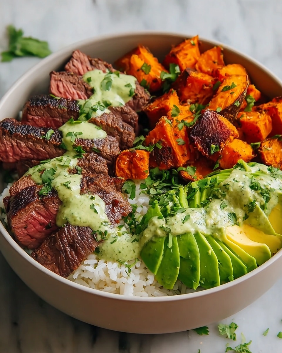 A white bowl is filled with a base layer of cooked white rice, topped with medium-rare steak slices showing a pink center and a slightly charred dark brown crust, drizzled with a light green creamy herb sauce and sprinkled with chopped fresh green herbs. Next to the steak, there are bright orange roasted sweet potato cubes with a light sprinkle of green herbs. The background is a white marbled surface. photo taken with an iphone --ar 4:5 --v 7