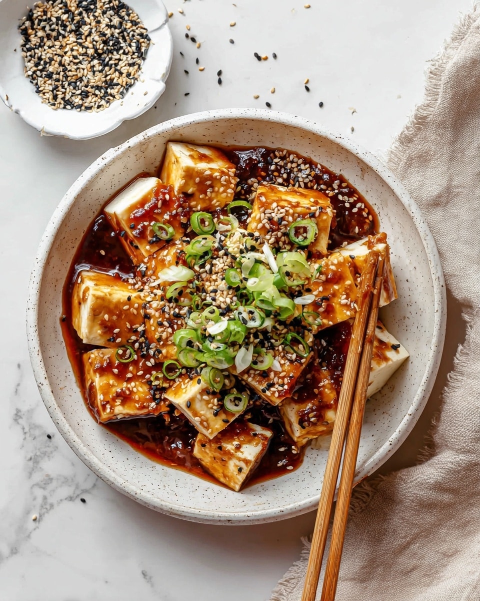 The image shows a white speckled bowl filled with several golden brown tofu cubes covered in a shiny, rich dark brown sauce. The tofu pieces are arranged closely together, and the dish is topped with a sprinkle of black and white sesame seeds, along with chopped green onions scattered on top. A pair of wooden chopsticks rests on the right side of the bowl, slightly on the tofu. The bowl is set on a white marbled texture surface with some scattered green onions and a small white dish of sesame seeds in the upper left corner. photo taken with an iphone --ar 4:5 --v 7