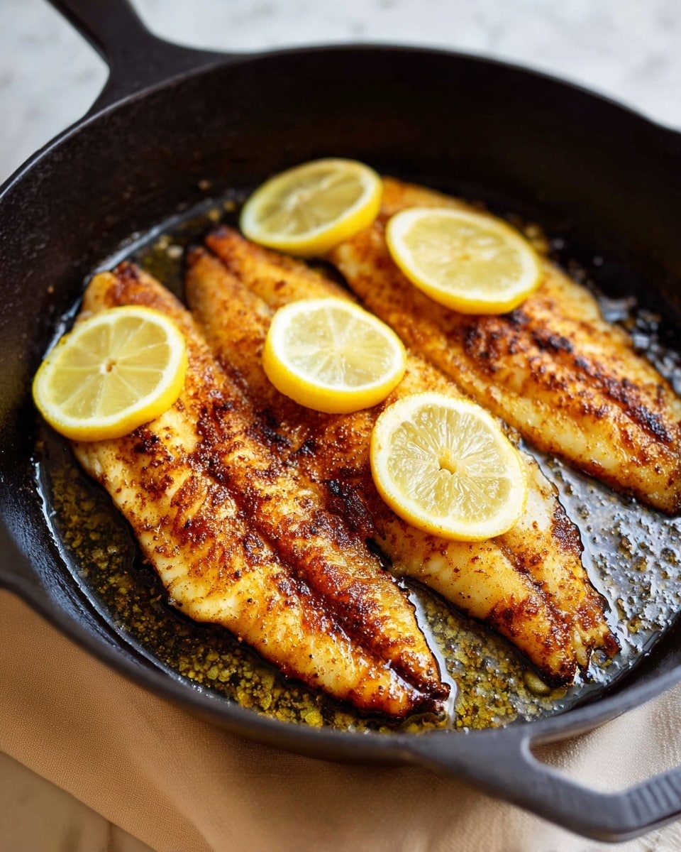 Three pieces of cooked fish fillets with a golden-brown and slightly charred texture lie side by side in a black cast iron pan. Each fillet is topped with a bright yellow lemon wedge, adding a fresh contrast to the warm tones of the fish. The pan is placed on a soft, light beige cloth, all set on a white marbled surface that brightens the overall presentation. The glistening oil around the fillets adds a shiny, appetizing finish to the dish. photo taken with an iphone --ar 4:5 --v 7