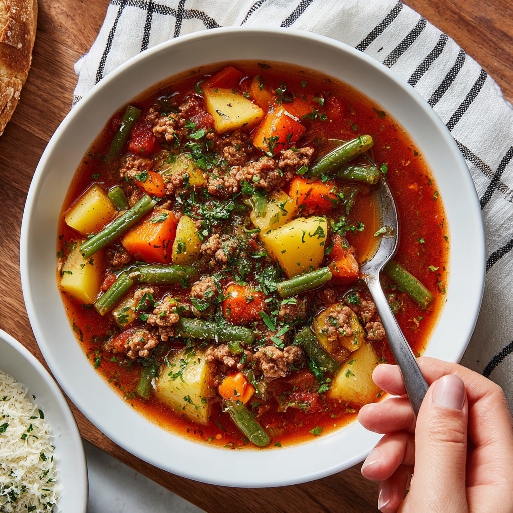 A close-up of a rich stew filled with several layers of colorful ingredients: at the bottom, a deep red broth with visible spices, small chunks of browned ground meat scattered throughout, medium-sized potato pieces with a yellow tint, sliced orange carrots, bright green celery, green beans, small pieces of red bell pepper, and bits of corn. The stew appears thick and chunky, with a white ladle scooping up a portion showing all these layers clearly packed inside. The texture varies from soft vegetables to tender meat, all coated by the glossy red liquid. The pot edge is light grey, and the entire image sits on a white marbled surface. photo taken with an iphone --ar 4:5 --v 7