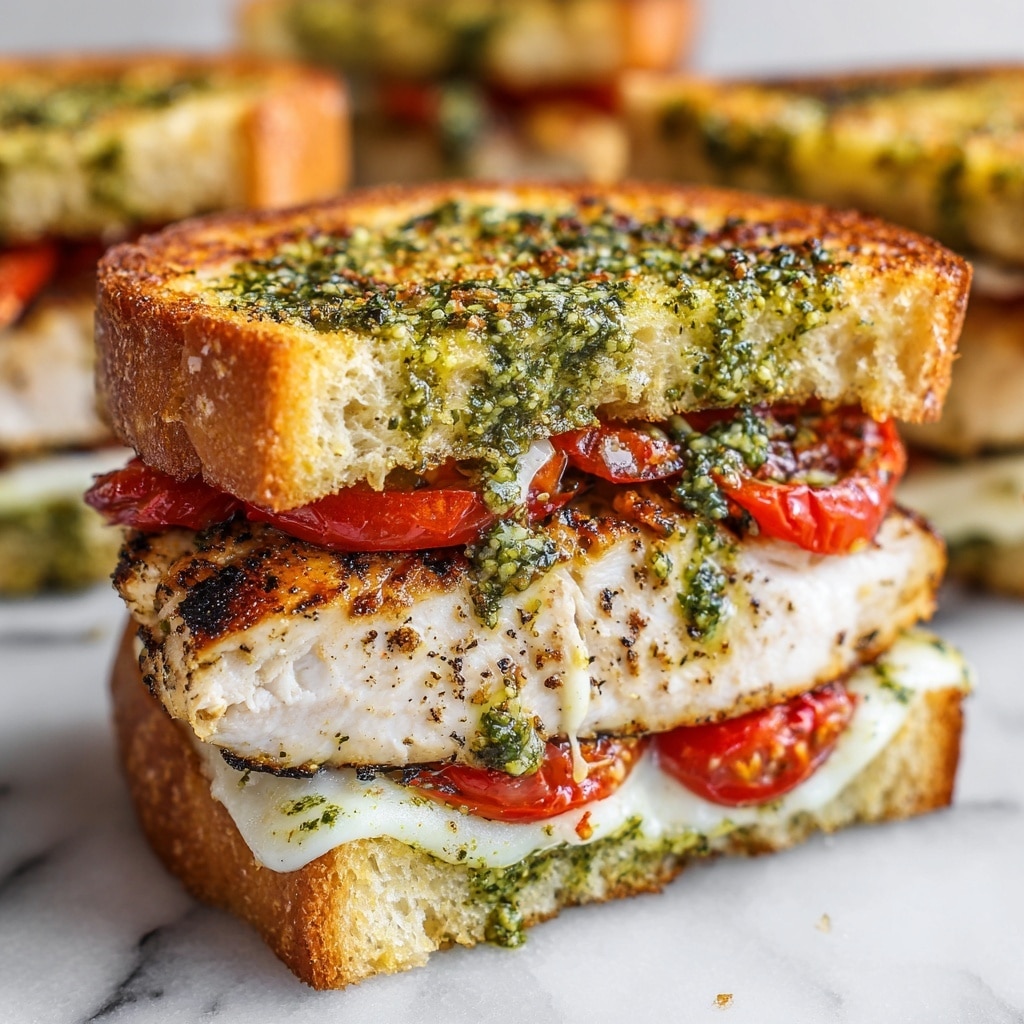 The image shows a close-up of a sandwich with three layers on toasted bread with a golden-brown crust. The bottom layer has a creamy white cheese slice with some green pesto drizzled on top and slices of red tomatoes. The middle layer includes grilled chicken breast with a slightly charred surface, more cheese melting over it, and another drizzle of green pesto. The top bread piece is crisp with a slightly browned texture, covered in green pesto spread on the inside. The sandwich sits on a white marbled surface, with more sandwiches blurred in the background. photo taken with an iphone --ar 4:5 --v 7