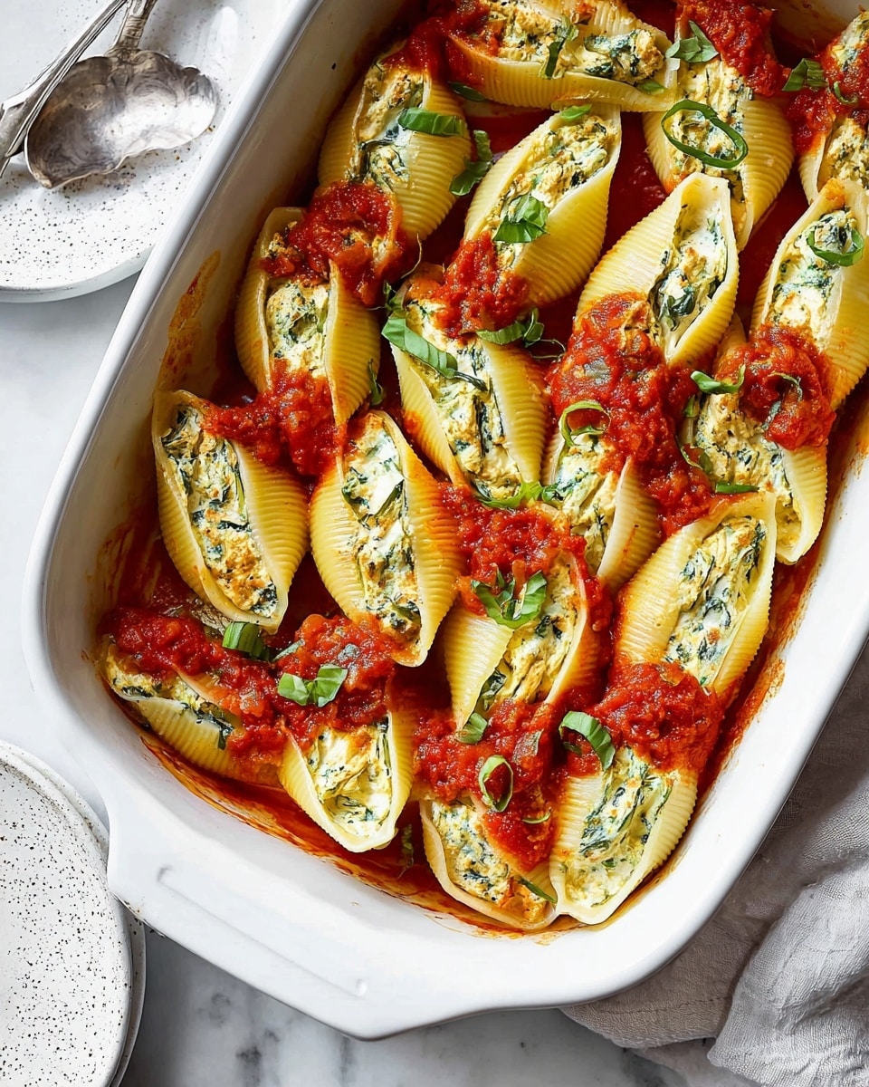 A white baking dish filled with large yellow pasta shells stuffed with a creamy, light yellow mixture containing green herbs, resting on a bright red tomato sauce base. The shells are arranged closely, some partially coated in sauce, with thin strips of fresh green basil scattered on top. A silver spoon is lifting one stuffed shell, showing the creamy filling inside against the white marbled surface underneath. Next to the baking dish, a white plate holds a few more stuffed shells on some tomato sauce. The scene is bright and colorful, highlighting the textures of the cheesy filling and the sauce, photo taken with an iphone --ar 4:5 --v 7