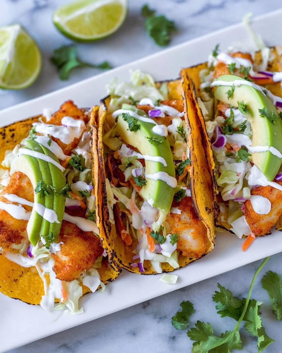 The image shows three fish tacos placed side by side on a long white plate. Each taco has a lightly charred yellow corn tortilla as the base. The first layer inside the tortilla is golden brown crispy fried fish. Above the fish, there is a layer of shredded white cabbage mixed with small pieces of orange carrot and purple onion, giving a fresh, colorful crunch. On top of the slaw, there is a drizzle of white creamy sauce and a few green cilantro leaves scattered for garnish. Each taco also includes a slice of bright green avocado placed vertically on the side of the fish. In the background, there is a wedge of lime and some loose cilantro leaves on a white marbled surface. photo taken with an iphone --ar 4:5 --v 7