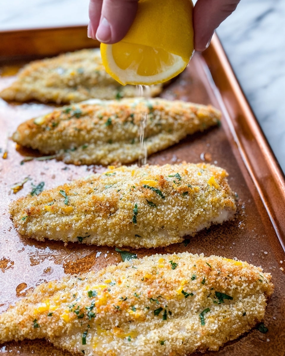The image shows three breaded fish fillets arranged on a brown baking sheet, each coated in a light, crumbly mixture with visible green herbs and orange specks. The fillets have shallow diagonal cuts on their surface, allowing a golden oil or butter layer to shine through. In the foreground, a woman's hand is squeezing a juicy, bright yellow half lemon over the fillets. The background is a white marbled texture that contrasts softly with the baking sheet and the fish. Photo taken with an iphone --ar 4:5 --v 7