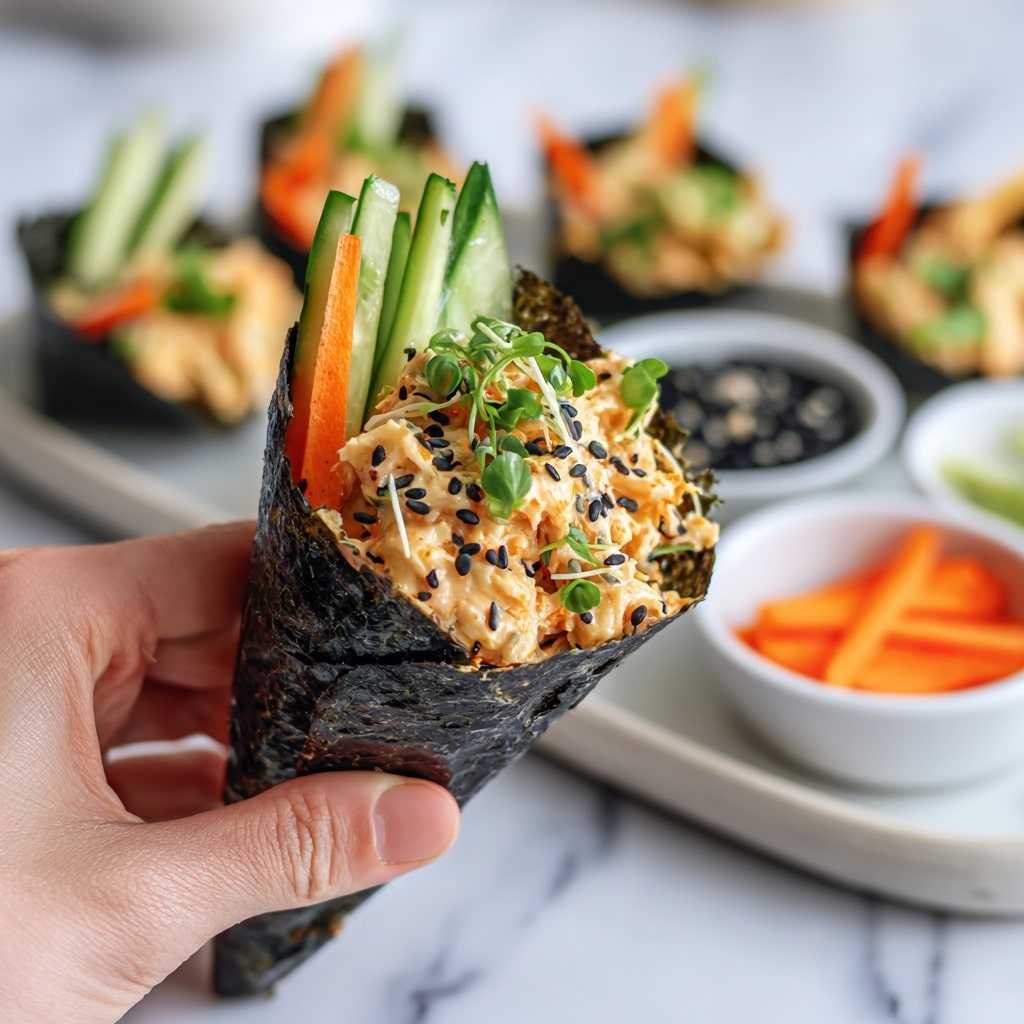 A close-up of a seaweed cone held by a woman's hand, filled with three layer ingredients: the outer layer is dark green, shiny seaweed, inside is a creamy mixture of small seafood pieces in light orange sauce sprinkled with black sesame seeds, and fresh vegetable sticks consisting of green cucumber and orange carrot standing upright. The background shows more similar cones on a white plate and small white bowls with black and orange contents on a white marbled surface. photo taken with an iphone --ar 4:5 --v 7