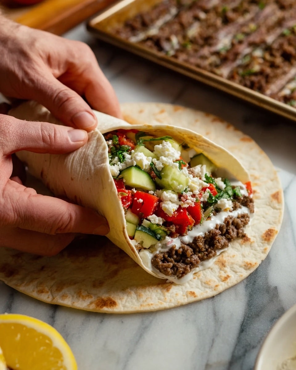 A close-up shows a woman’s hand folding a soft, light tan pita bread stuffed with layers: at the bottom is a creamy white sauce, followed by dark brown grilled minced meat with a slightly crispy texture, then a topping of fresh diced cucumber and red bell pepper, and crumbled white cheese scattered on top; in the background, there is a tray lined with parchment paper holding several grilled minced meat strips, and a halved yellow lemon sits on a white marbled surface below. Photo taken with an iphone --ar 4:5 --v 7