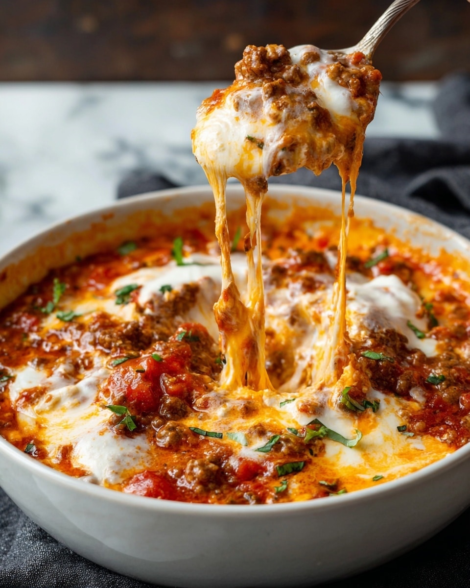 A close-up view of a white bowl filled with a layered cheesy dip consisting of a red tomato sauce base with visible chunks of tomatoes and bits of browned ground meat. On top, there are dollops of white creamy cheese spread unevenly, mixed with melted orange cheese that stretches thickly from a spoon lifting it out of the bowl. There are small green herbs sprinkled over the dip, adding color contrast. The bowl is set on a white marbled surface, with a dark cloth underneath partially visible. Photo taken with an iphone --ar 4:5 --v 7